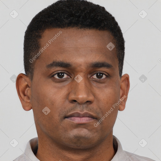 Neutral black young-adult male with short  black hair and brown eyes
