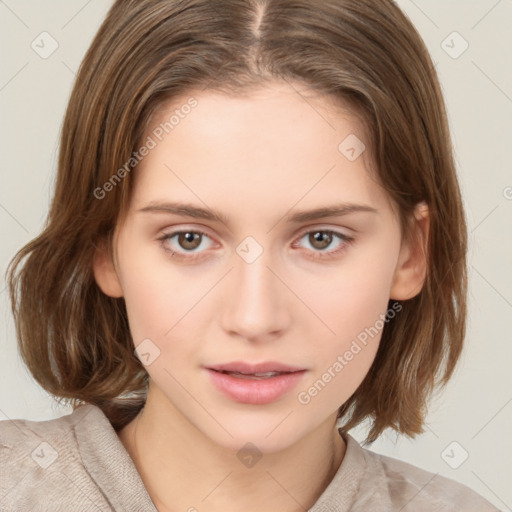 Neutral white young-adult female with medium  brown hair and brown eyes