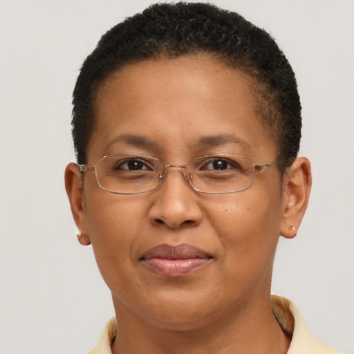 Joyful black adult female with short  brown hair and brown eyes