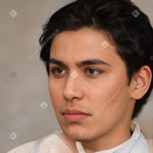 Neutral latino young-adult male with short  brown hair and brown eyes