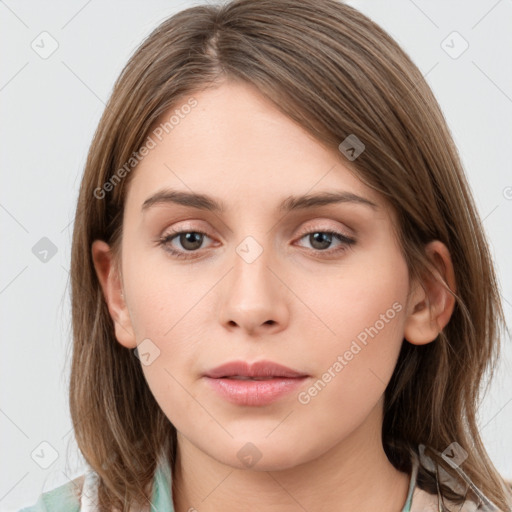 Neutral white young-adult female with medium  brown hair and grey eyes