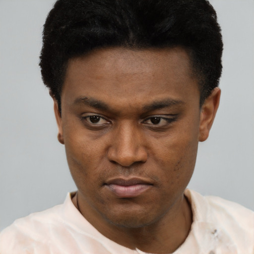 Neutral black young-adult male with short  black hair and brown eyes