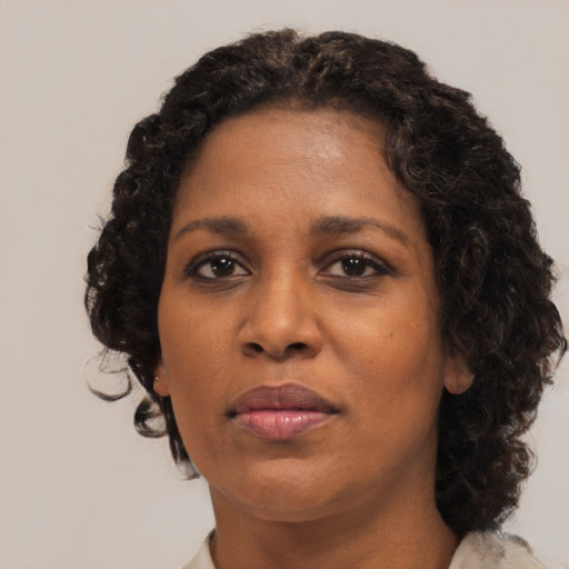 Neutral black adult female with medium  brown hair and brown eyes
