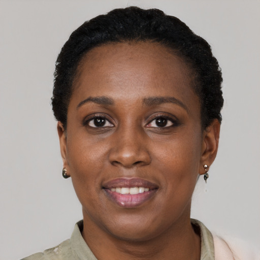 Joyful black young-adult female with short  black hair and brown eyes