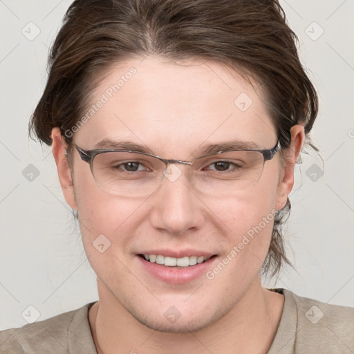 Joyful white young-adult female with short  brown hair and grey eyes