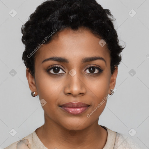 Joyful latino young-adult female with short  black hair and brown eyes