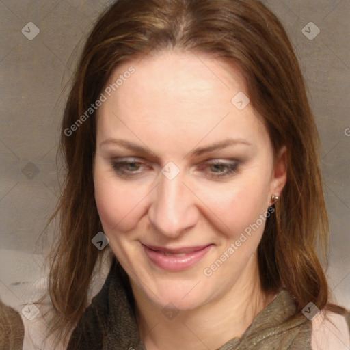 Joyful white adult female with medium  brown hair and brown eyes