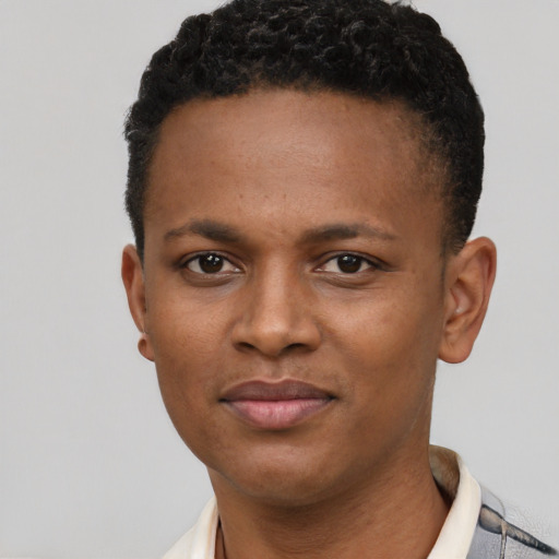 Neutral black young-adult male with short  black hair and brown eyes