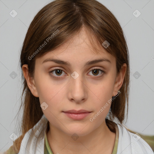 Neutral white young-adult female with medium  brown hair and brown eyes