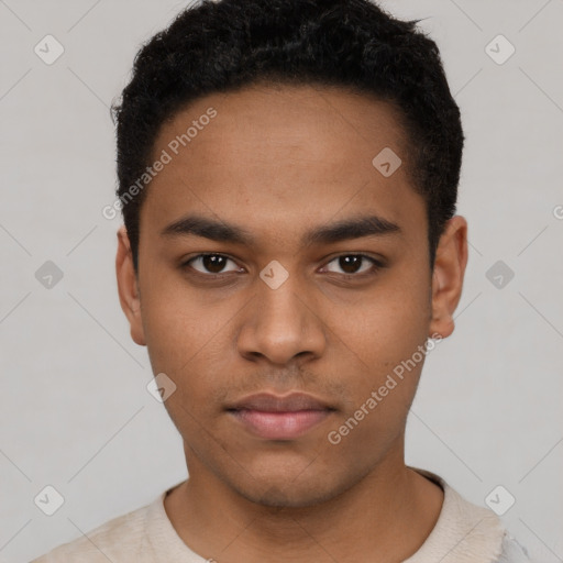 Neutral latino young-adult male with short  black hair and brown eyes