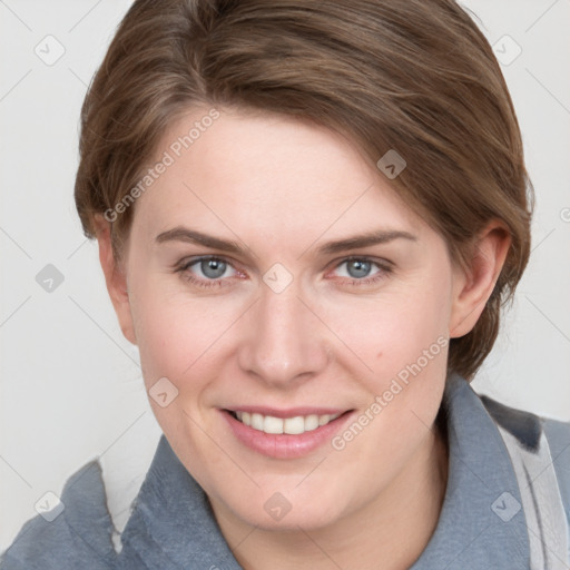 Joyful white young-adult female with medium  brown hair and blue eyes