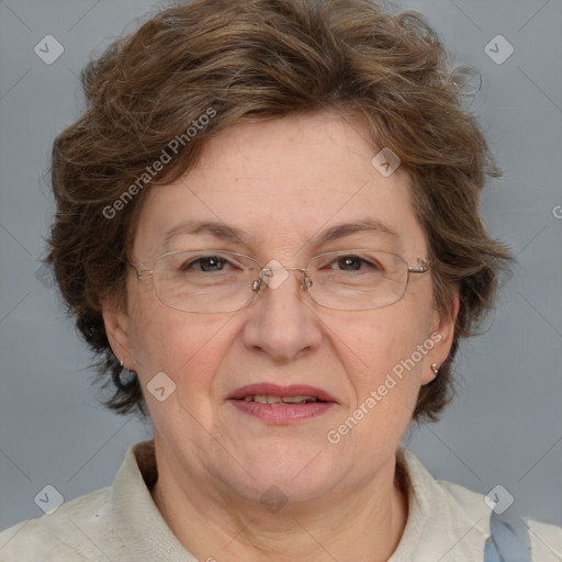 Joyful white middle-aged female with medium  brown hair and blue eyes