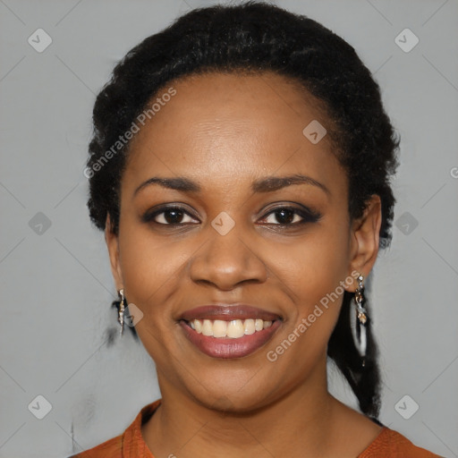 Joyful black young-adult female with medium  black hair and brown eyes