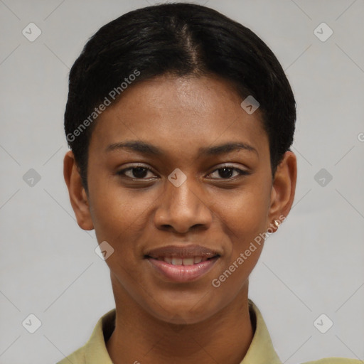 Joyful latino young-adult female with short  black hair and brown eyes