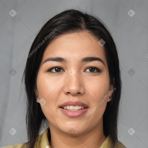 Joyful white young-adult female with long  brown hair and brown eyes