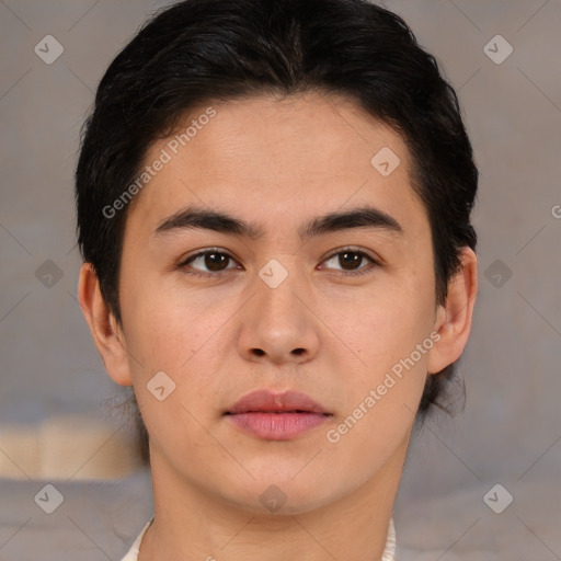 Joyful latino young-adult male with short  brown hair and brown eyes