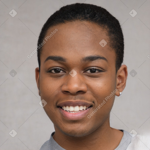 Joyful black young-adult female with short  black hair and brown eyes