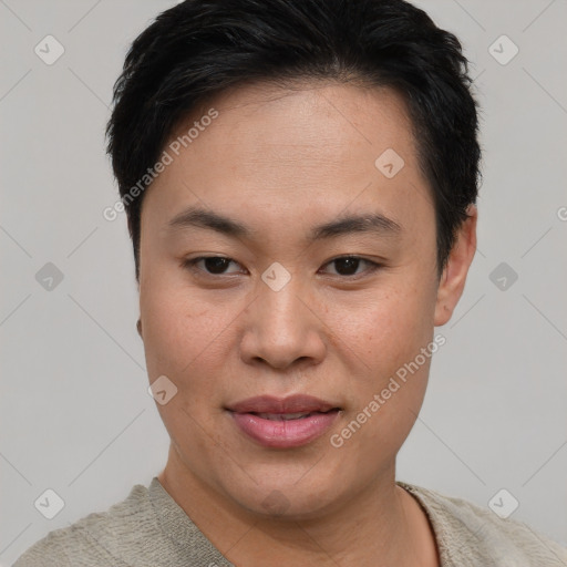 Joyful asian young-adult female with short  brown hair and brown eyes