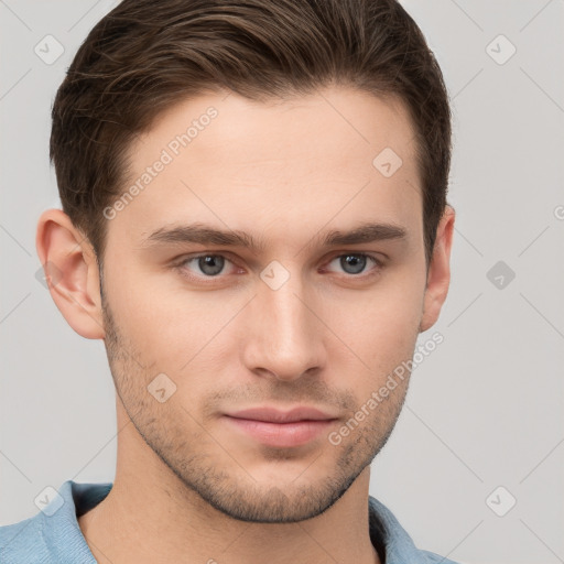 Neutral white young-adult male with short  brown hair and grey eyes