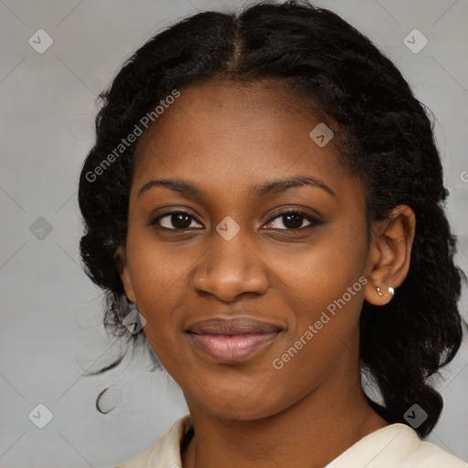 Joyful black young-adult female with medium  black hair and brown eyes