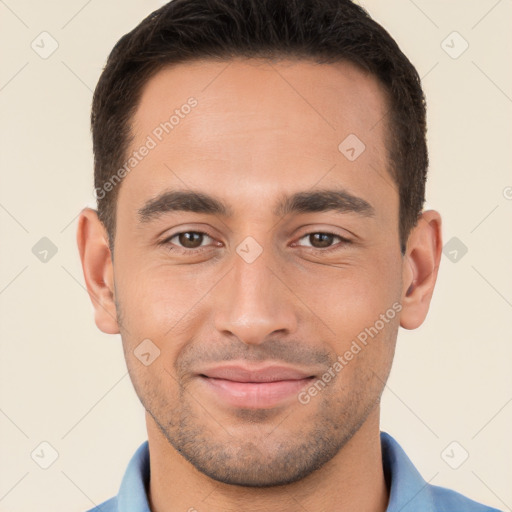 Joyful white young-adult male with short  brown hair and brown eyes