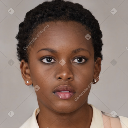 Neutral black young-adult female with short  brown hair and brown eyes