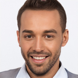 Joyful white young-adult male with short  brown hair and brown eyes