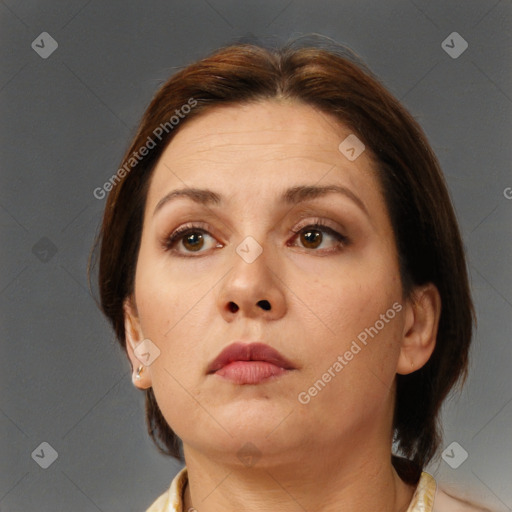 Neutral white adult female with medium  brown hair and brown eyes