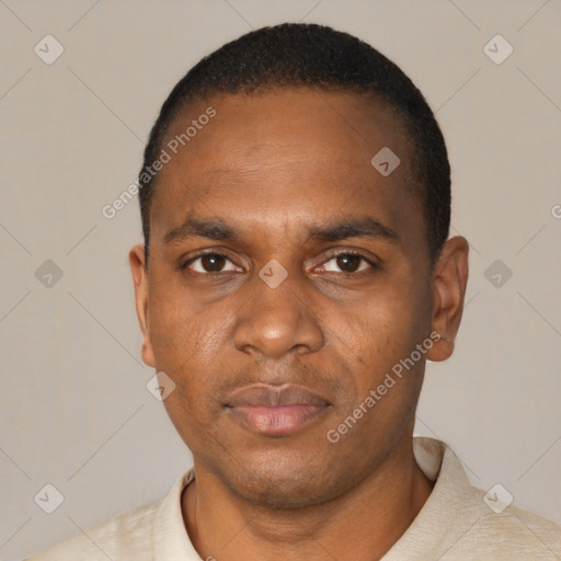 Neutral black adult male with short  black hair and brown eyes