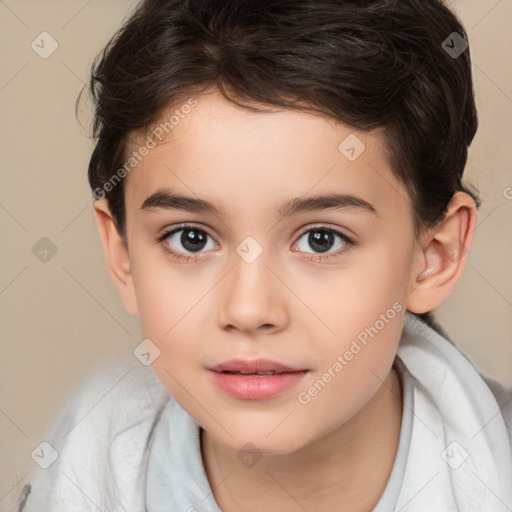 Joyful white child female with medium  brown hair and brown eyes