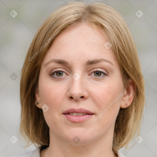 Joyful white young-adult female with medium  brown hair and green eyes