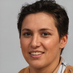 Joyful white adult female with short  brown hair and brown eyes