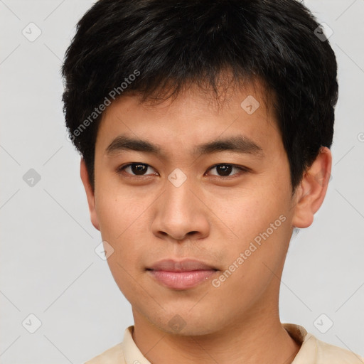 Neutral asian young-adult male with short  brown hair and brown eyes