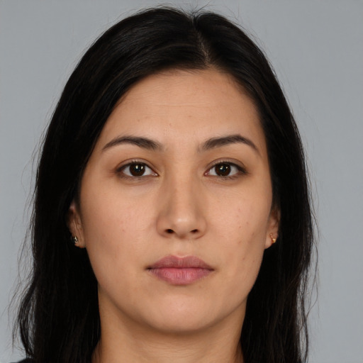 Neutral asian young-adult female with long  brown hair and brown eyes