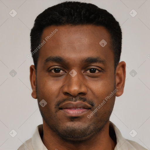 Neutral black young-adult male with short  black hair and brown eyes