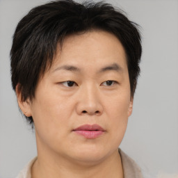 Neutral asian adult male with short  brown hair and brown eyes