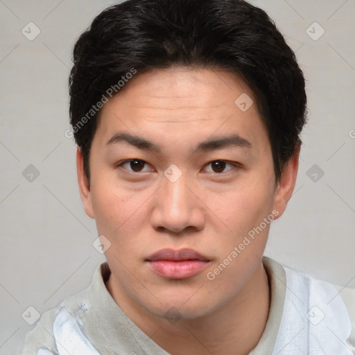 Neutral asian young-adult male with short  brown hair and brown eyes