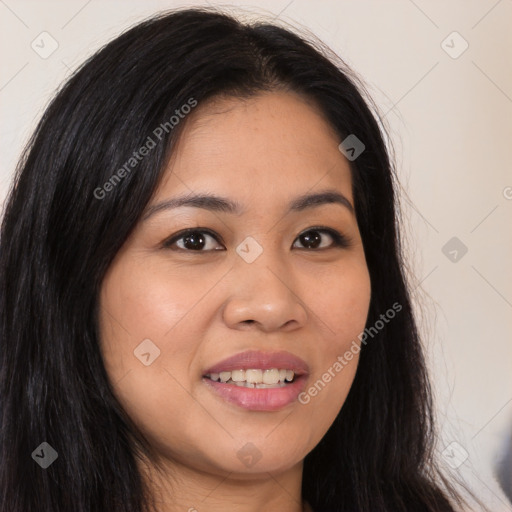 Joyful white young-adult female with long  brown hair and brown eyes