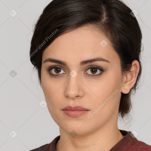 Neutral white young-adult female with medium  brown hair and brown eyes