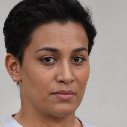 Neutral latino young-adult female with short  brown hair and brown eyes