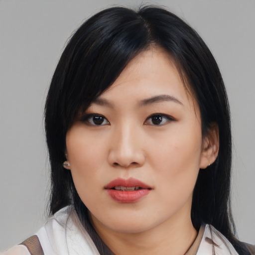Neutral asian young-adult female with medium  black hair and brown eyes