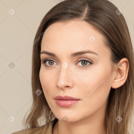 Neutral white young-adult female with long  brown hair and brown eyes