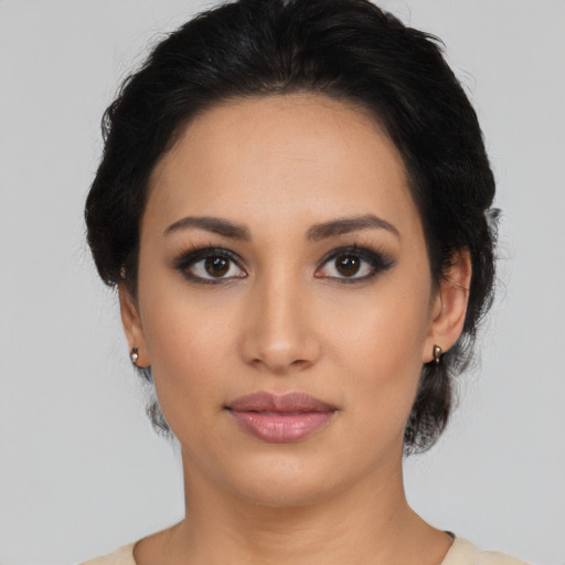 Neutral latino young-adult female with medium  black hair and brown eyes