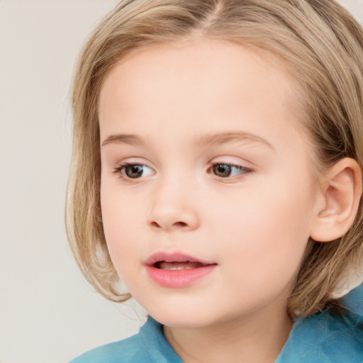 Neutral white child female with medium  brown hair and blue eyes