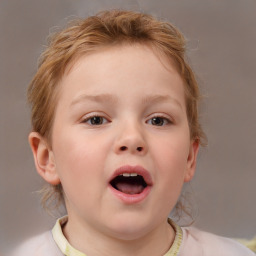 Joyful white child female with medium  brown hair and blue eyes