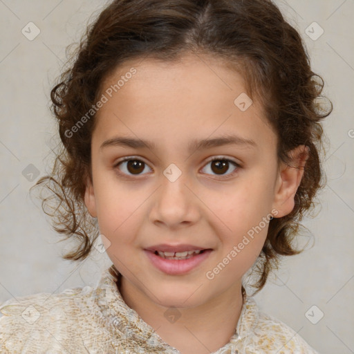 Joyful white child female with medium  brown hair and brown eyes