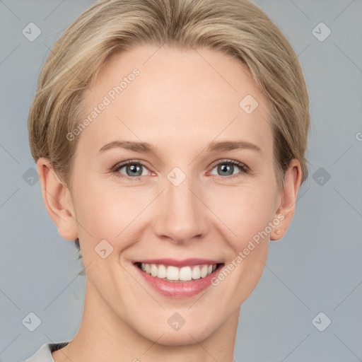 Joyful white young-adult female with medium  brown hair and blue eyes