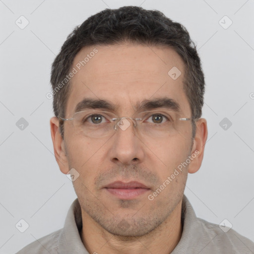 Neutral white adult male with short  brown hair and brown eyes