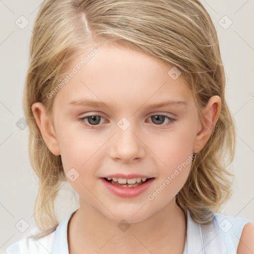 Joyful white child female with medium  brown hair and brown eyes