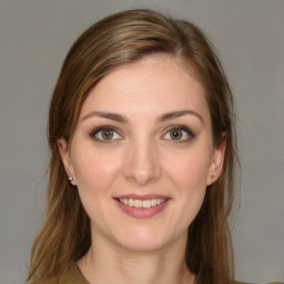 Joyful white young-adult female with medium  brown hair and grey eyes